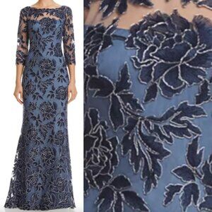 NWT Tadashi Shoji Embroidered Lace Gown Dress Blue Size 4